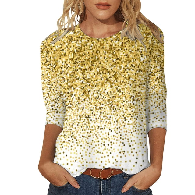 YDLCAFD T-Shirt Femme Manches 3/4 Imprimé Paillettes Col Rond T-Shirt