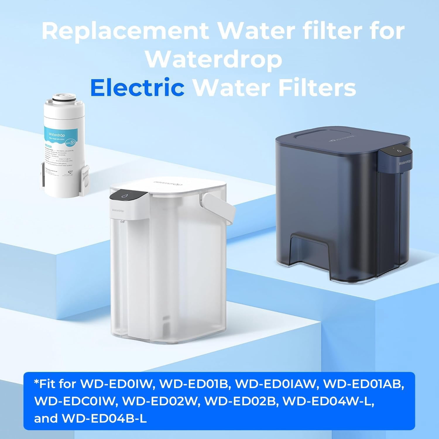 Waterdrop WD-EDFA Alkaline Filters Replacement for All Waterdrop Electric Pitcher, NSF/ANSI 42&372, Improve PH, 3 Months or 200 Gallons, Reduce Chlorine, Lead, PFAS, 3 Packs