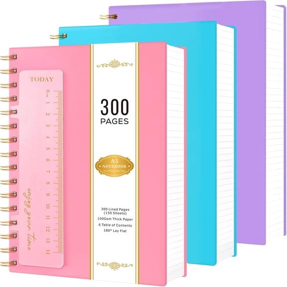 Nirmiro 3-Pack A5 Spiral Notebooks with Bookmark, 5.7"x8.4" 300 Lined Pages Each, 100GSM Thick Paper, Waterproof PVC Cover, College Ruled, Pastel Colors for Work & Office