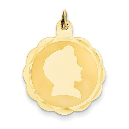 14k Yellow Gold Boy Head on 0.011 Gauge Engravable Scalloped Disc Charm Pendant
