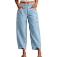 thumbnail image 2 of longantii Womens Linen Pants Cropped Boho Wide Leg Palazzo Pants Elastic Waist Summer Capris Beach Lounge Pant Capri Trousers with Pockets Light Blue XL, 2 of 7