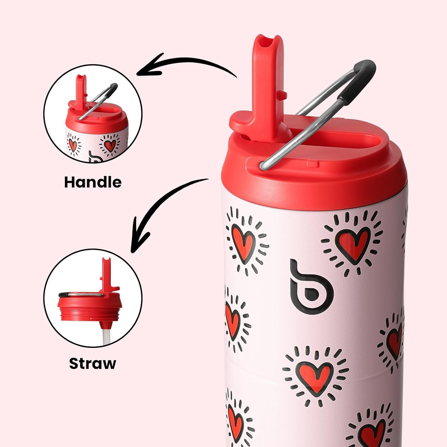 BOTTLE BOTTLE Insulated Water Bottle 24oz with Straw Lid and Handle for Sports Travel Gym Stainless Steel Water Bottles Double-Wall Vacuum Metal Leak Proof BPA-Free  Heart Beats