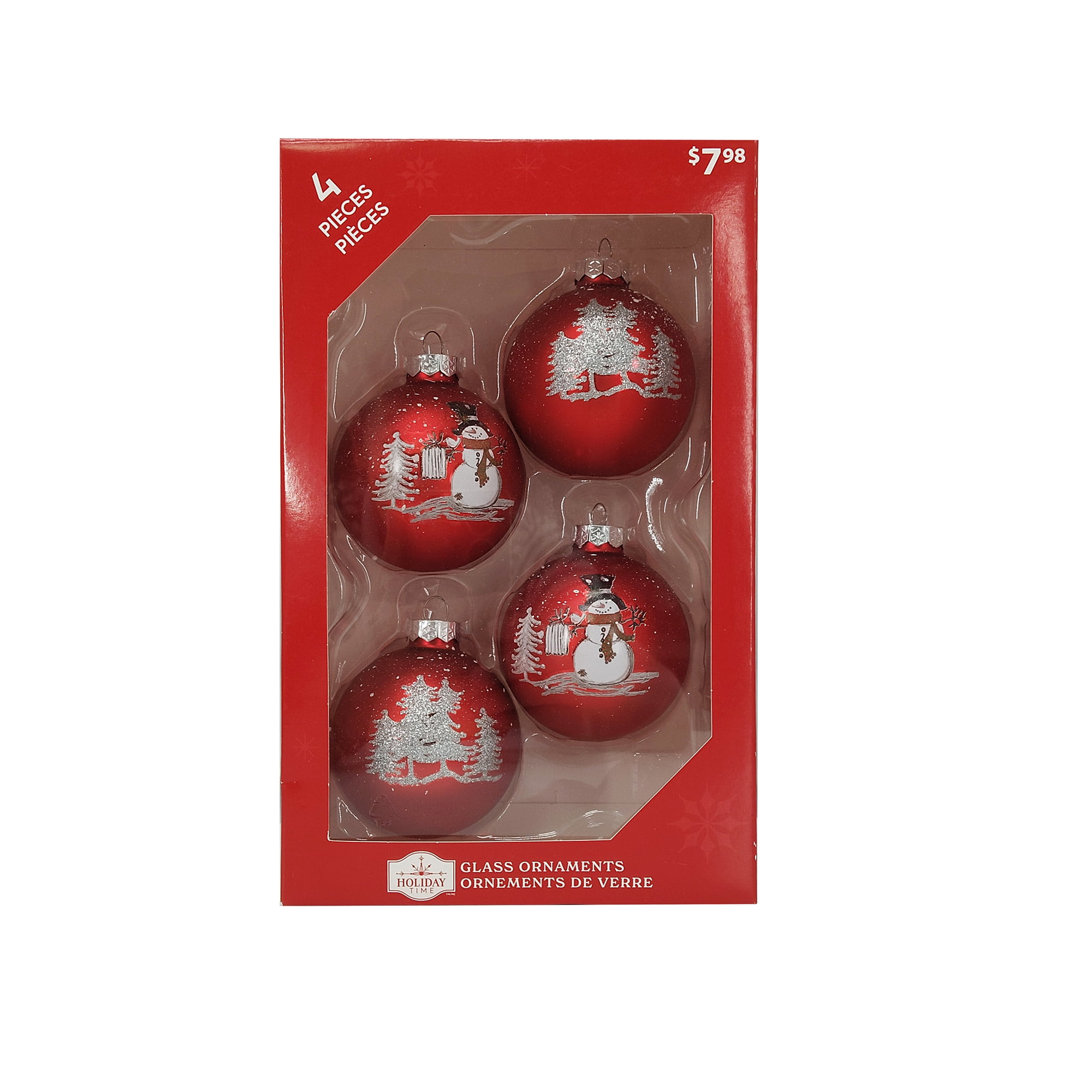 Holiday Time Dia 65mm 4Ct Snwman&Tree Glass Ornament, Holiday Time Dia 65mm 4Ct Snwman&Tree Glass Ornament