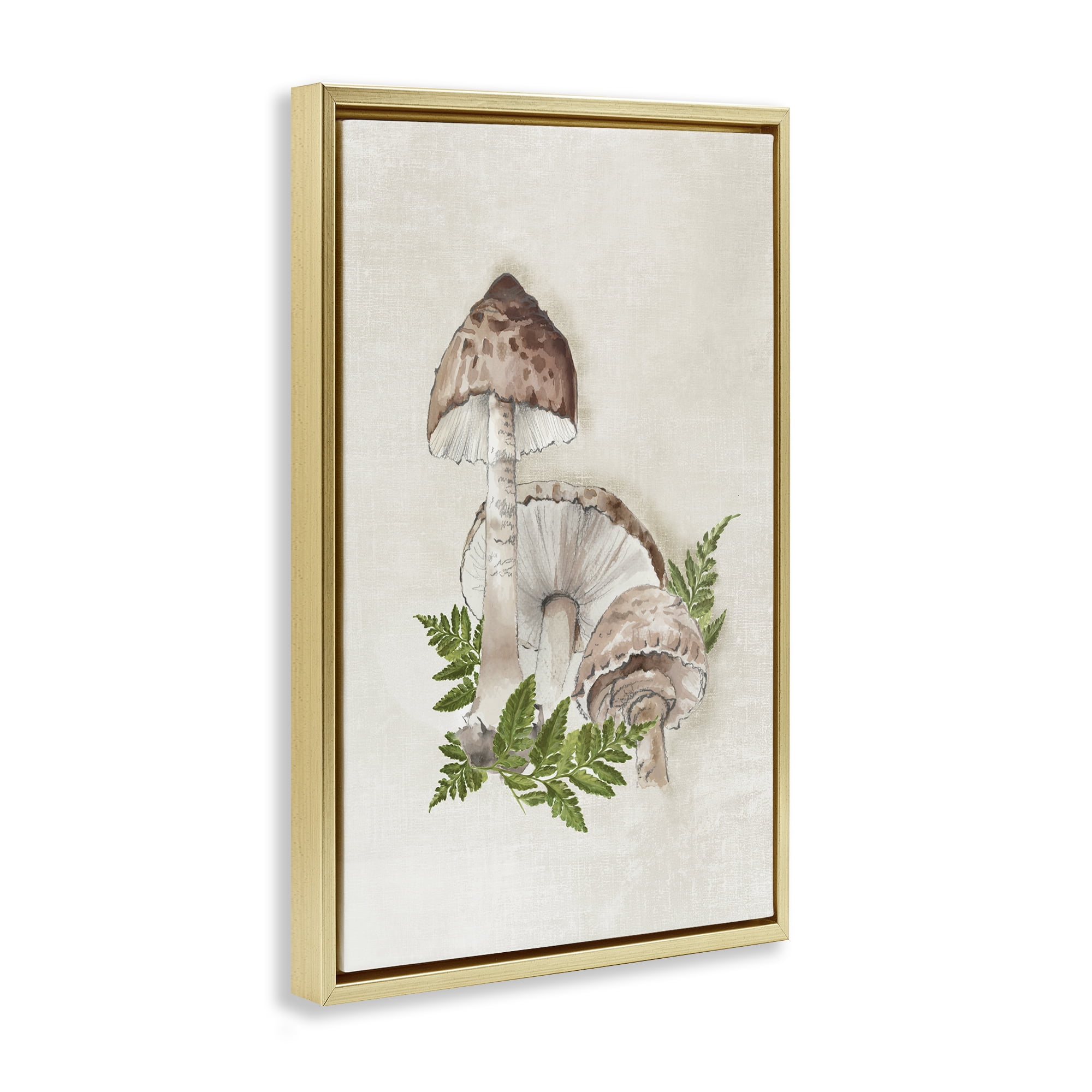 Stupell Industries Beige Mushrooms & Fern Plants & Flowers Painting Gold Floater Framed Canvas Art Print Wall Art, 17 x 25