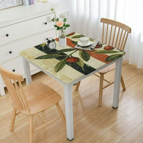 HAOXIT Deluxe Elastic Edged Flannel Backed Vinyl Fitted Table Cover - Olive Patch Pattern - Fits Square Table white