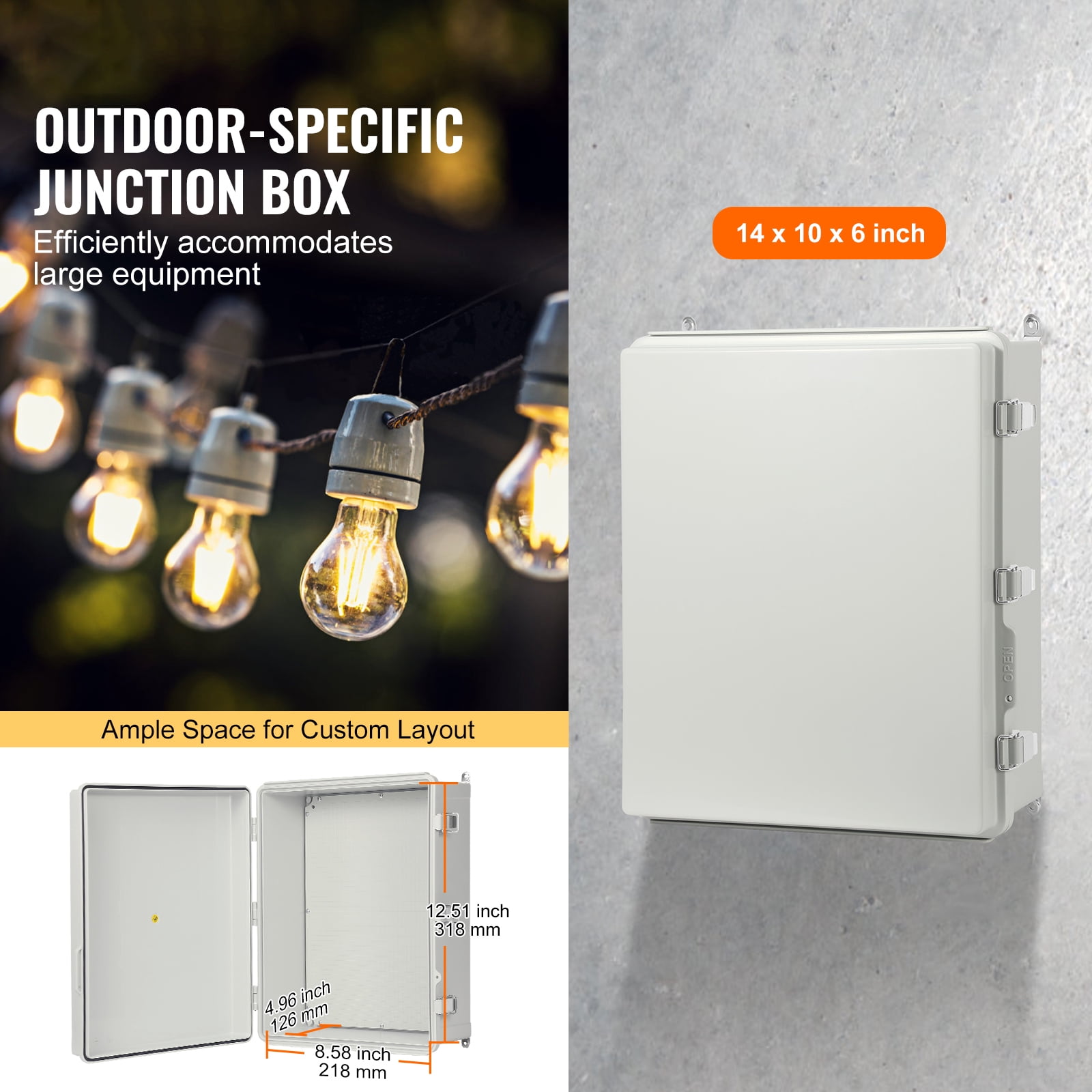 KFFKFF Exterior Power Connection Box, Dimensions 13.78 x 9.84 x 5.90 inches, Constructed from ABS Plastic, Equipped with a Swing Cover and Stainless Steel Fastener