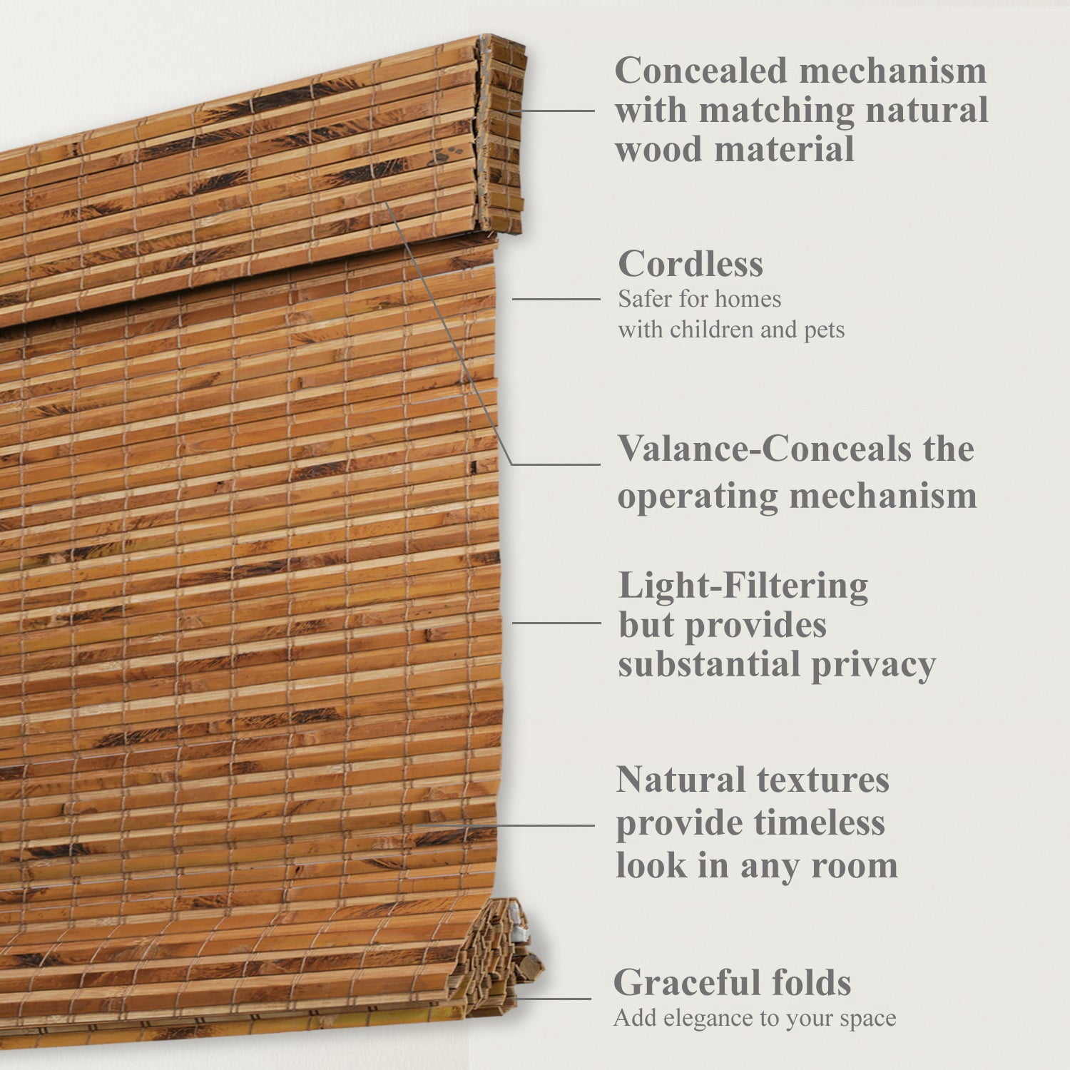 Natural Woven Light Filtering Cordless Bamboo Roman Shades for Windows, 22.5 in. W x 72 in. L, Maple