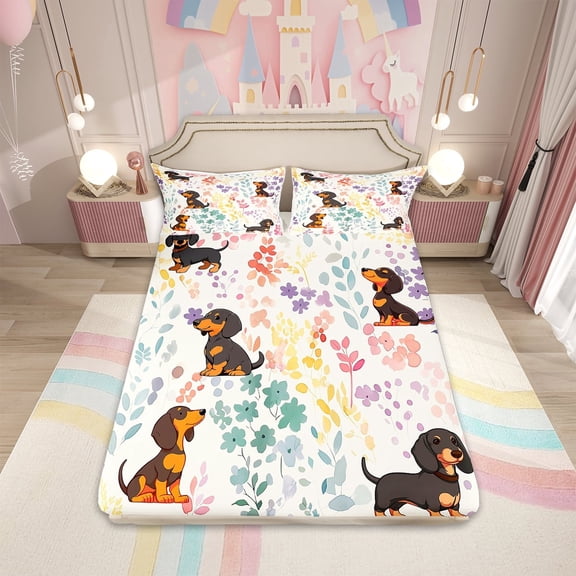 Kawaii Dachshund Queen Bed Sheets Set,Colorful Flower Dog Bedding Set Cute Pet Lover Gifts for Kids Girls Boys,Rainbow Floral Sheets Cartoon Animal Fitted Sheet Set 4Pcs