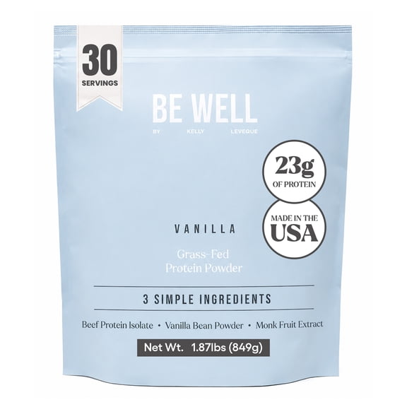 Be Well by Kelly Vanilla Grass-Fed Beef Protein Powder, 23G of Protein & Zero Carbs (3 Ingredients, 30 Servings) 9 Amino Acids 3 BCAAs No Soy, No Dairy, Stevia-Free, No Sugar Added 1.87lb 849g
