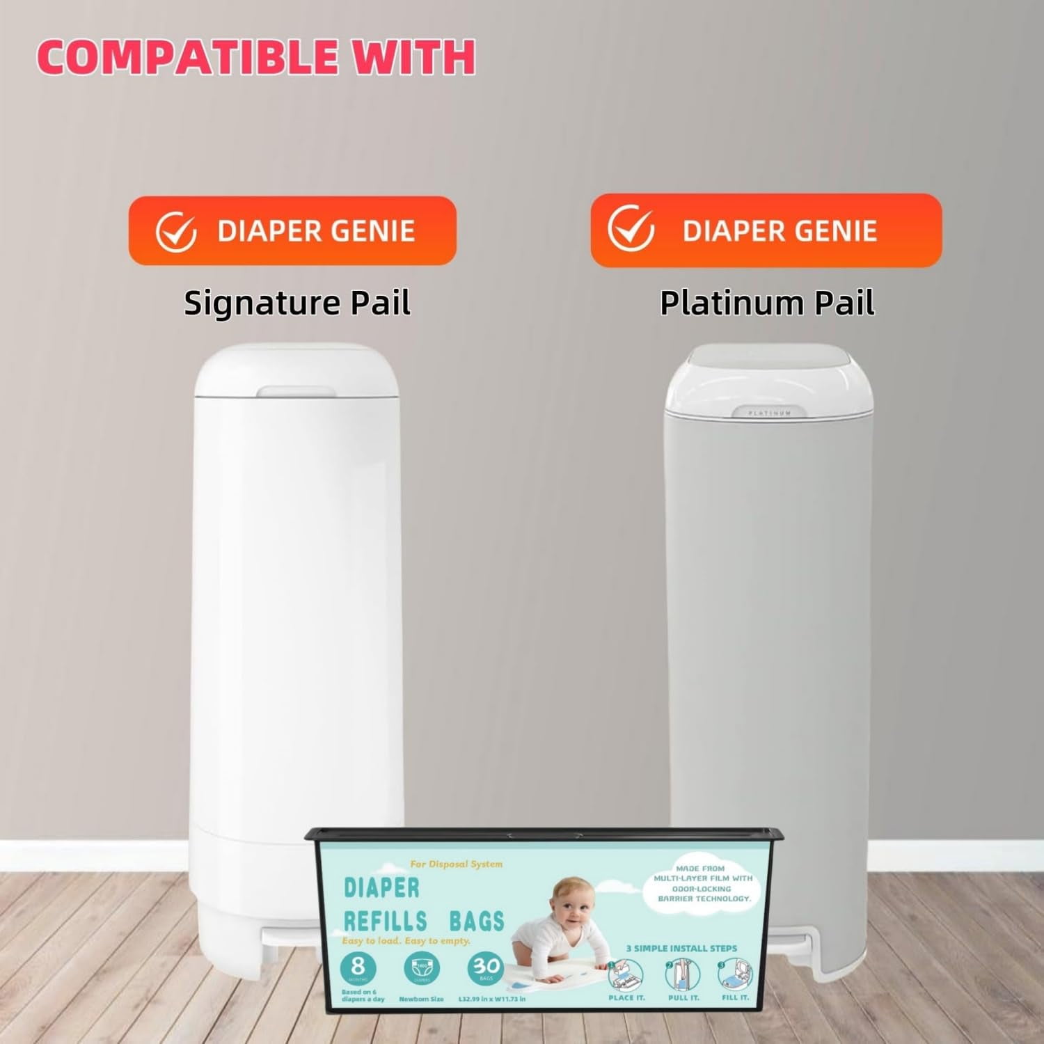 Diaper Pail Refills Bags with 30 Bags Compatible with Genie Easy Roll Signature and Platinum Diaper Pails, 7-Layer Odor-Barrier Technology-6 Packs