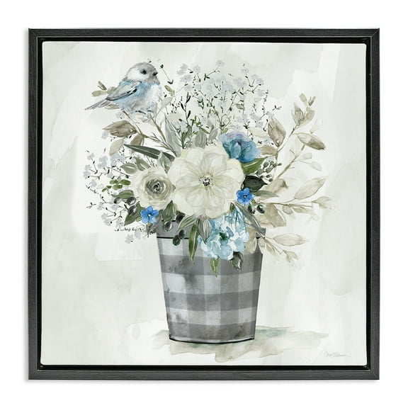 Stupell Industries Cottage Blooms Plaid Vase Plants & Flowers Painting Black Floater Framed Canvas Art Print Wall Art, 18 x 18