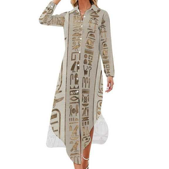Egyptian hieroglyphs Pastel Gold Long Sleeved Shirt Dress Dress women Women's dresses dresses for women Female clothing