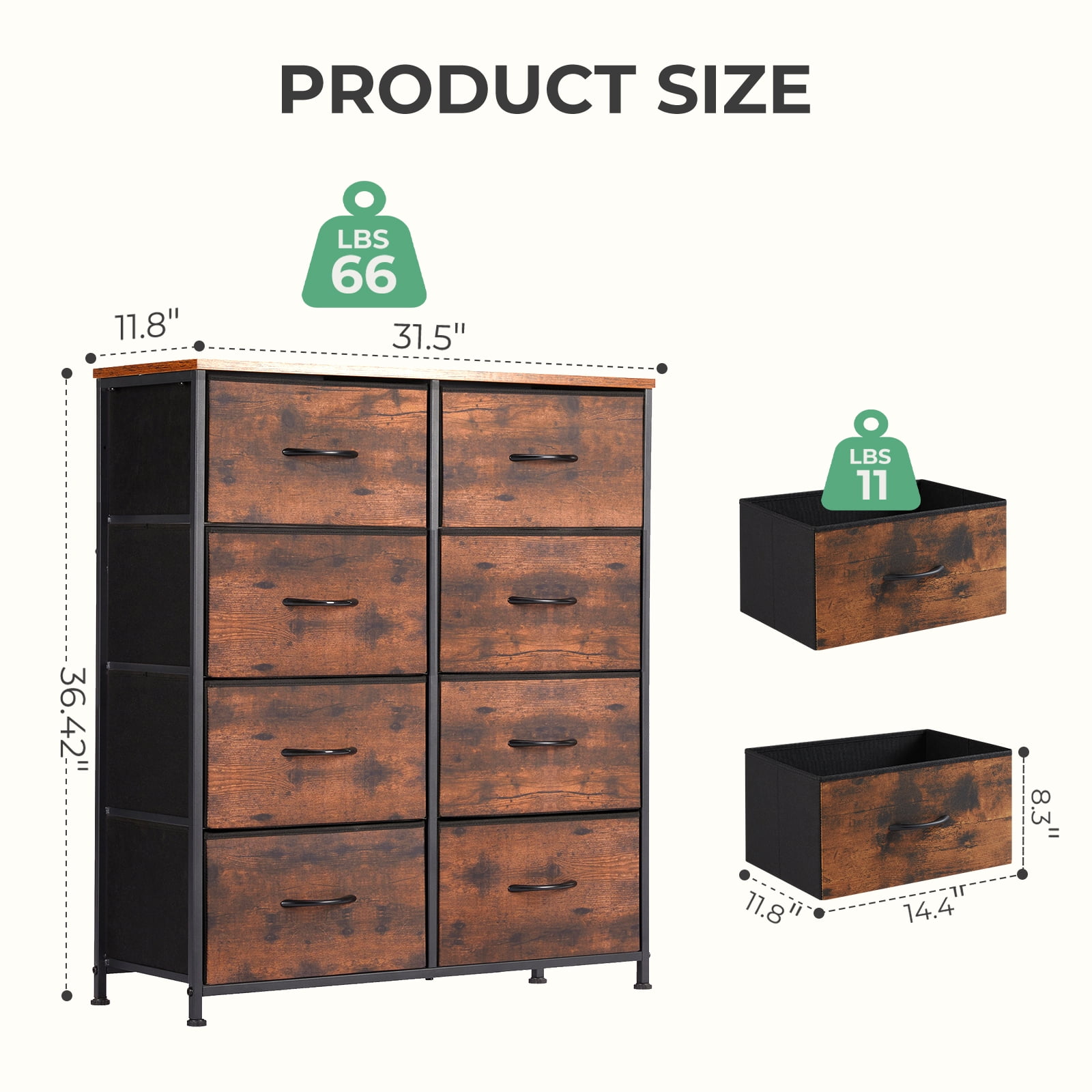 Aidoly Dresser for Bedroom, 8 Storage Drawers, Anti-Tip Fabric Closet Chests Organizer Tower Furniture with Wooden Top Metal Frame for Clothes, Living Room, Hallway, Entryway, Rust