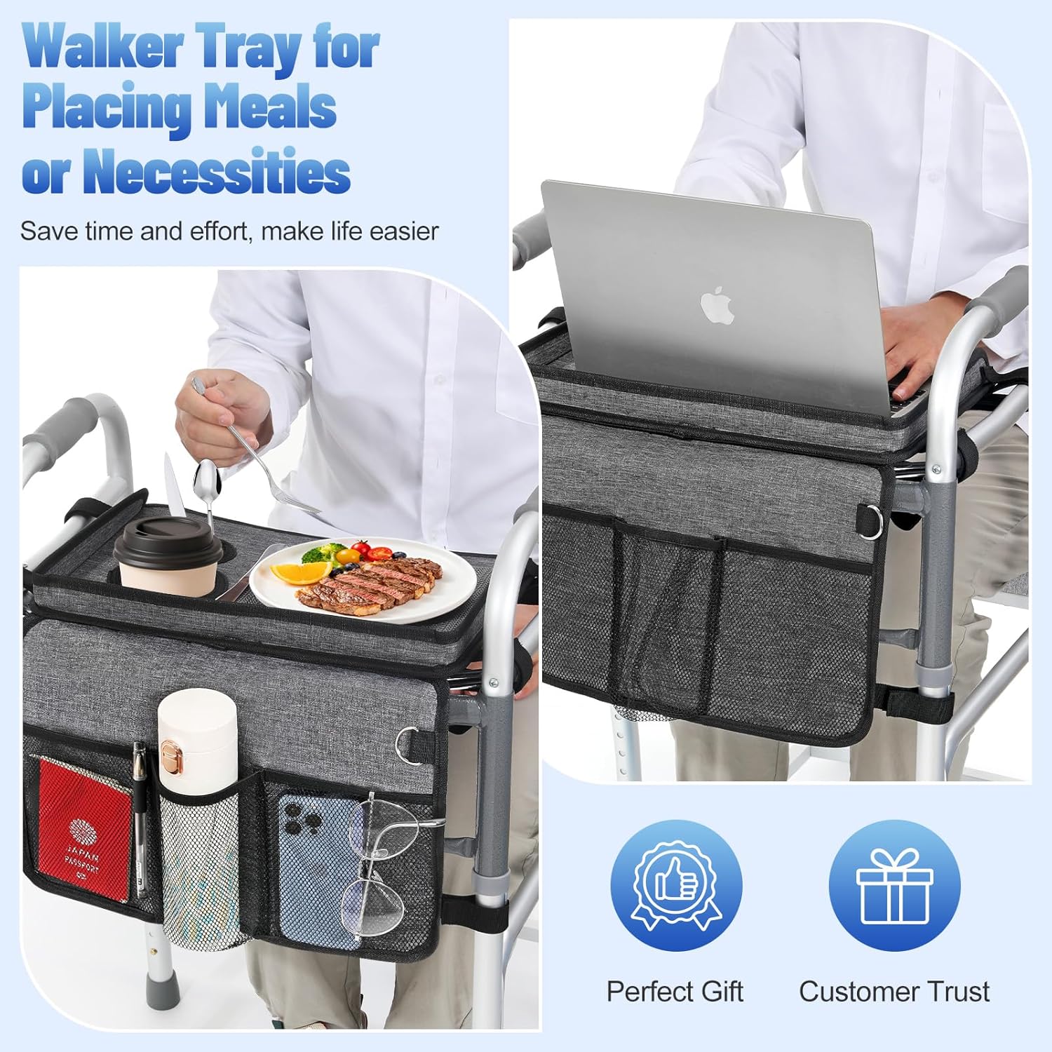 Rhino Valley Walker Tray for Folding Walker, Tray for Walkers with Non-Slip Mat for Food, 3 Front Pockets & 2 Cup Holders, Fits Most Standard Folding Walkers, Walker Accessories for Senior,Gray