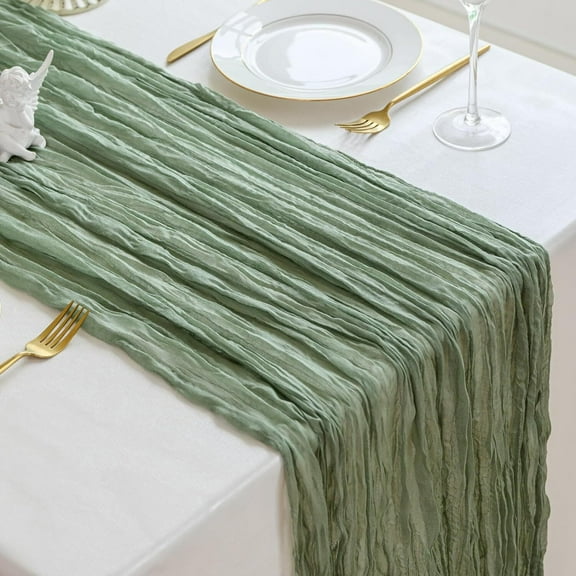 LQQBOX 1 Pack Table Runner 35 x 118 inch Long Boho Cheese Cloth Gauze Table Runners Semi Sheer Table Runner for Wedding Decor, Bridal Shower, Birthday Party (Green)