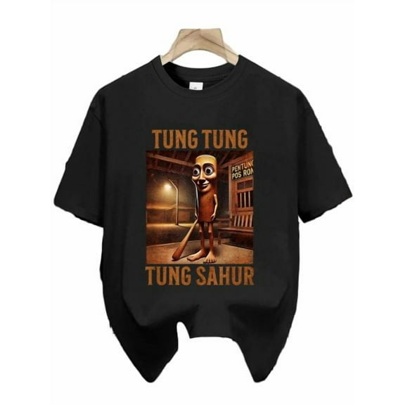 Okgogo Boys Short Sleeve T-Shirt With "TUNG TUNG TUNG SAHUR" Cartoon Graphic - Stylish Casual Top 8-12Y Black