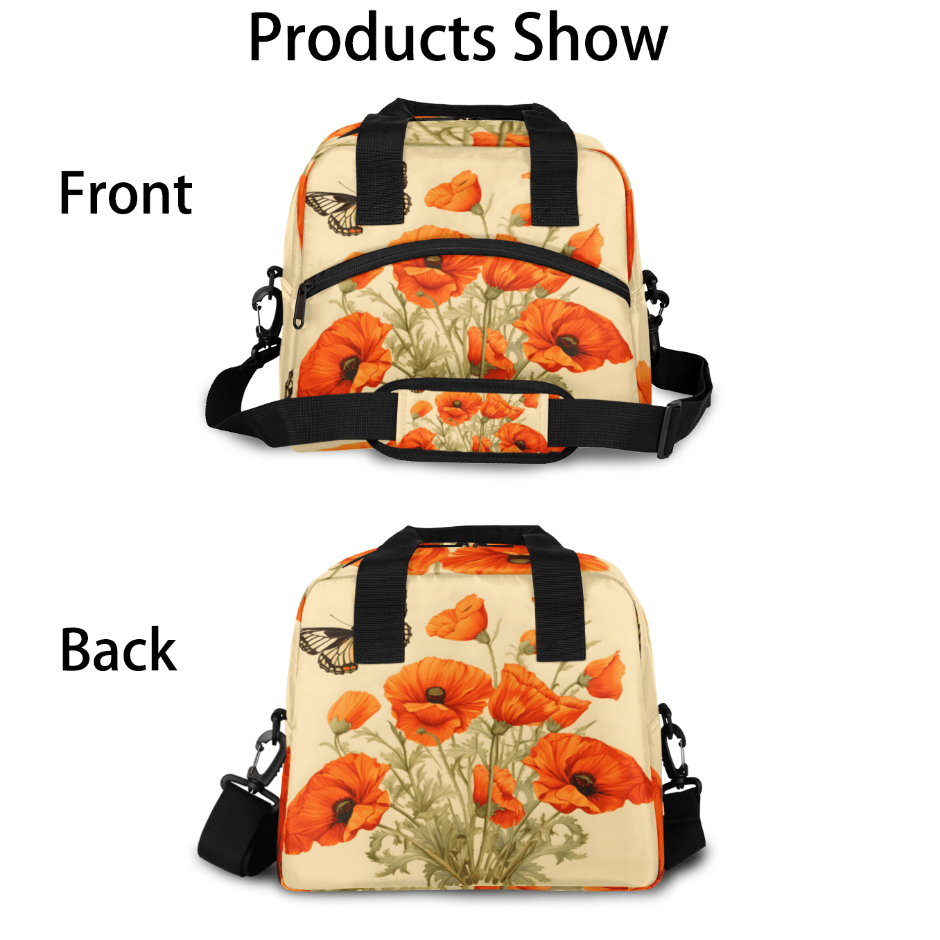 Herdesigns Butterflies Poppy Flowers Insulated Lunch Bag for Women Men Adults Large Reusable Lunch Box Leakproof Portable Cooler Tote Bags with Adjustable Shoulder Strap