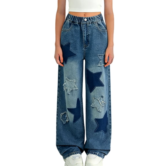 Kids Girls Star Patch Jeans Denim Elastic Waist Wide Leg Loose Trousers for School Casual Fashion Outfits, 3T-15Y