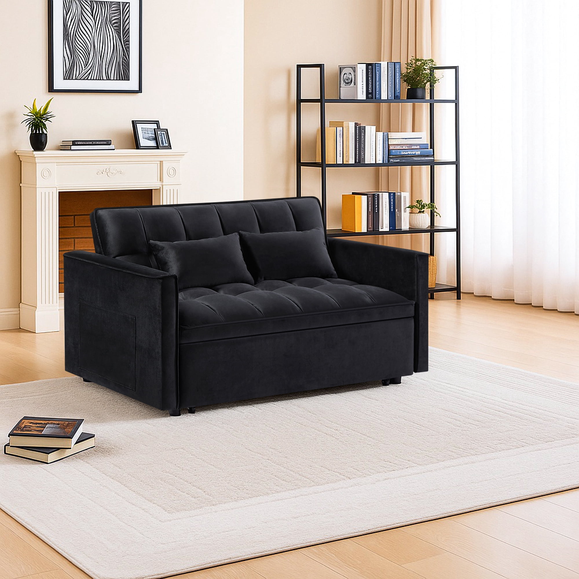 Hommoo Versatile Velvet Loveseats Reversible Pull Out Futon Couch,3 in 1 Sleeper Sofa Bed for Living Room, Black