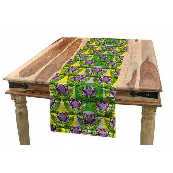 Floral Table Runner, Continuous Theme of Blossom Ornaments Along Iris Flower Lilac Tones Illustration, Dining Room Kitchen Rectangular Runner, 3 Sizes, by Ambesonne