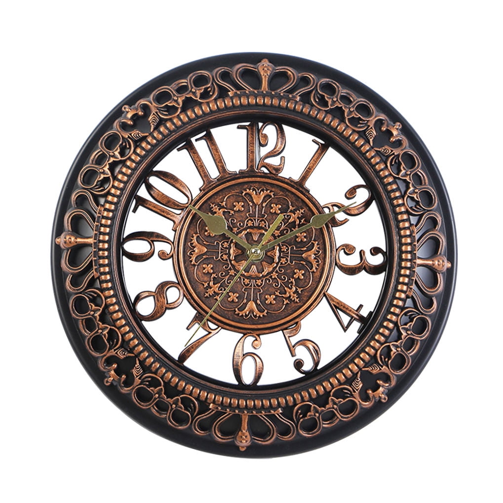 WHAMVOX Vintage Dial Clock European Hollowed-out Silent Clock 3D Round Large Decorative Wall Clock for Living Room Bedroom Kitchen(Bronze)