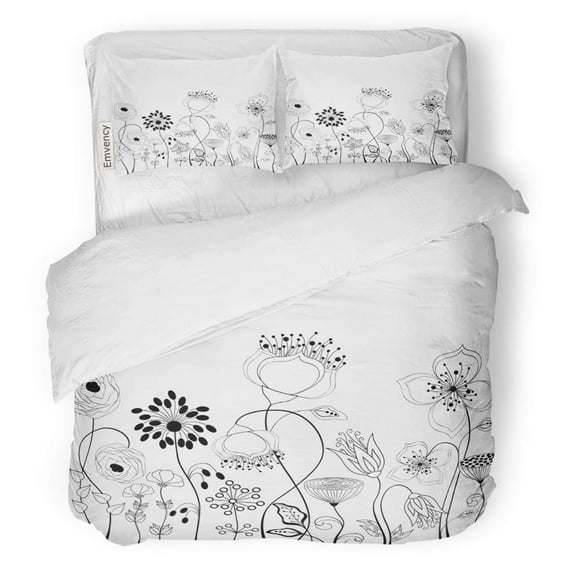 RYLABLUE 3 Piece Bedding Set Line Floral Flower Black White Spring Garden Circle Summer Twin Size Duvet Cover with 2 Pillowcase for Home Bedding Room Decoration