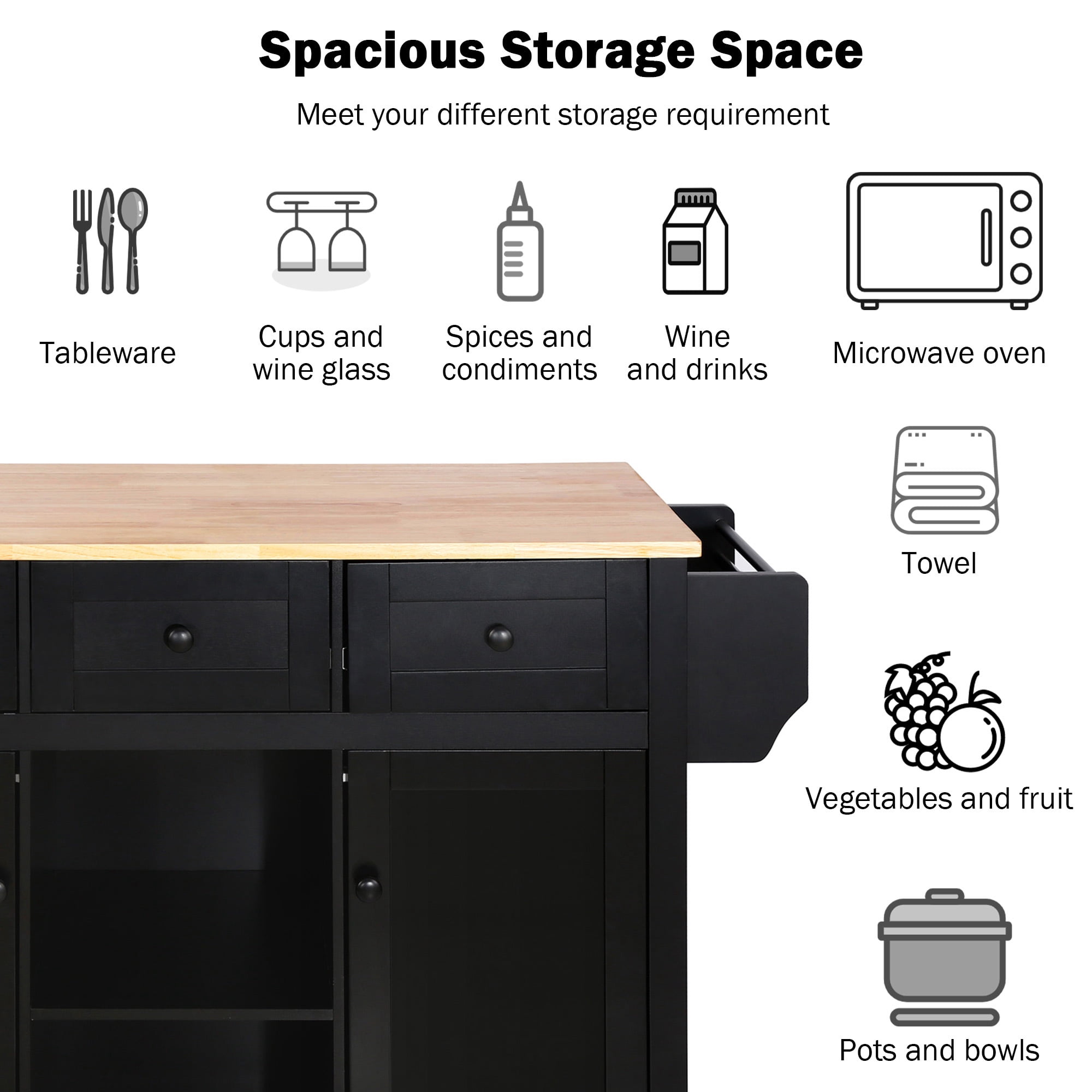 Kitchen Cart with 3 Drawers,Rolling Kitchen Island with Rubber wood Drop-Leaf Countertop,Storage Cabinet,Black