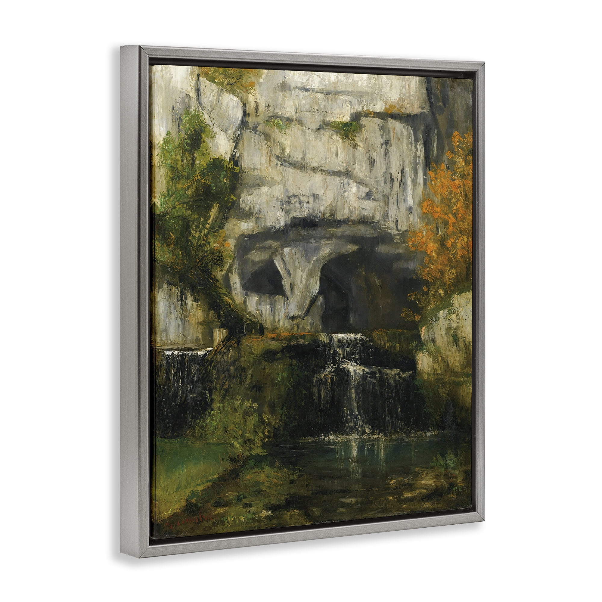 Stupell Industries Classic Courbet Waterfall Landscape & Nature Painting Gray Floater Framed Canvas Art Print Wall Art, 17 x 21