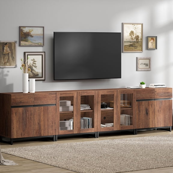 4 In 1 TV Stand For Tvs Up To 120 Inches, Modern Entertainment Center With Glass Doors And Metal Legs, TV Console With Adjustable Shelf For Living Room, Bedroom,Brown