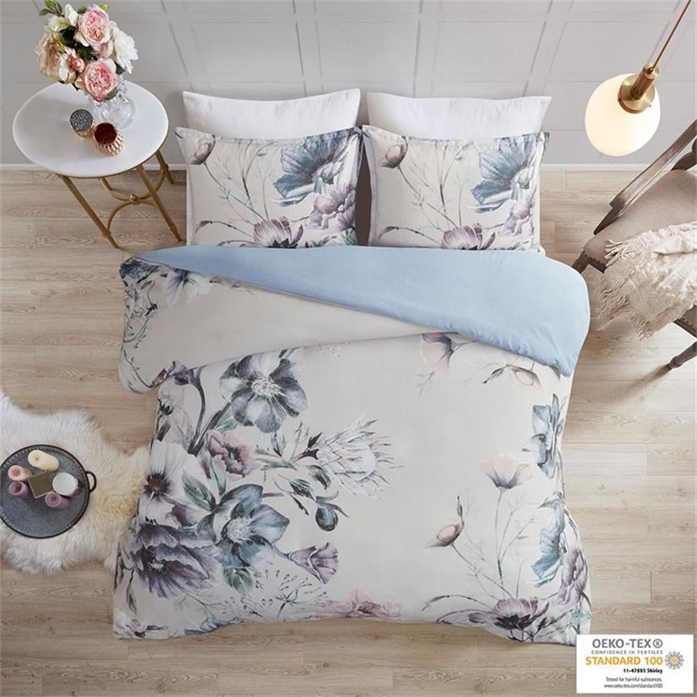 Pemberly Row 90" 3-Piece Cotton Printed Duvet Cover Set in Blue