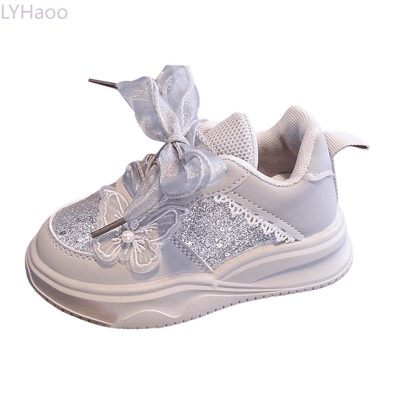 LYHaoo Glamour Glitter Bow Kids Sneakers For Toddlers And Girls Stylish Everyday Shoes With Sparkly Design And Comfortable Fit For Play Sizes 6.5 Toddler Gray(12-18 Months)