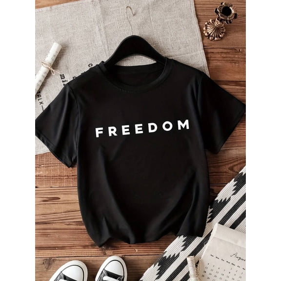 【New Arrival】Minimalist Freedom Letter Graphic T-Shirt, Cotton Crew Neck Short Sleeve Tee, Simple Slogan Daily Casual Streetwear Inspirational Top