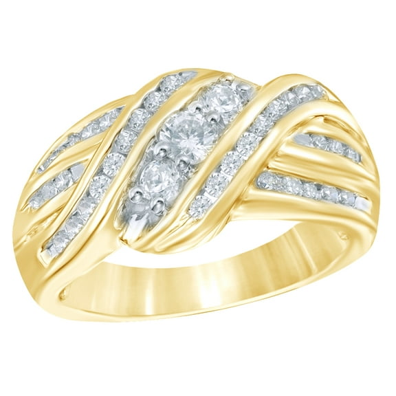 White Natural Diamond Three Stone Slant Ring in 10k Yellow Gold