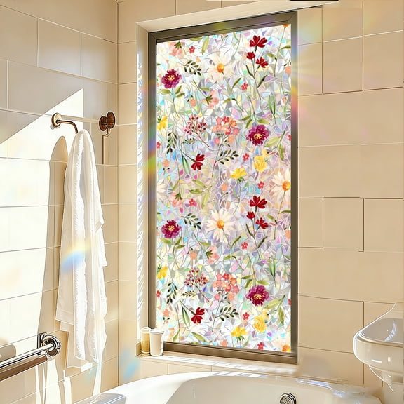 Floral Stained Glass Window Film Privacy Static Cling Colorful Wildflower Design 17 x 39 Inch Roll