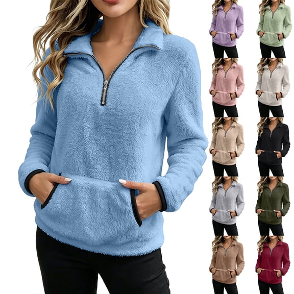 Pullover Hoodies for Women Dqueduo Women's Double-Sided Fleece Zip Front-Pleated Pullover – Stand Collar Hoodie with Pockets Blue XL