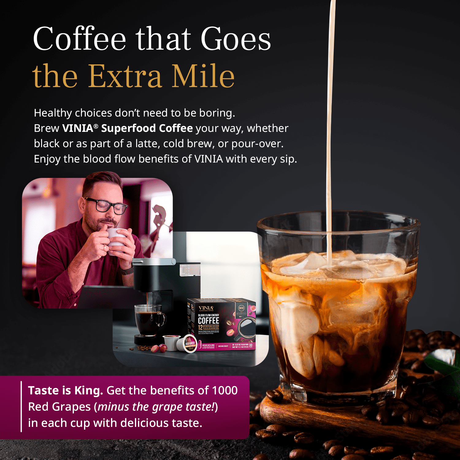 VINIA Blood Flow Energy Coffee Pods - Medium Roast Infused with Red Grape Piceid Resveratrol for Physical Energy & Mental Alertness, Keurig K-Cup Compatible Superfood Coffee, Full-Bodied, 60 Count.