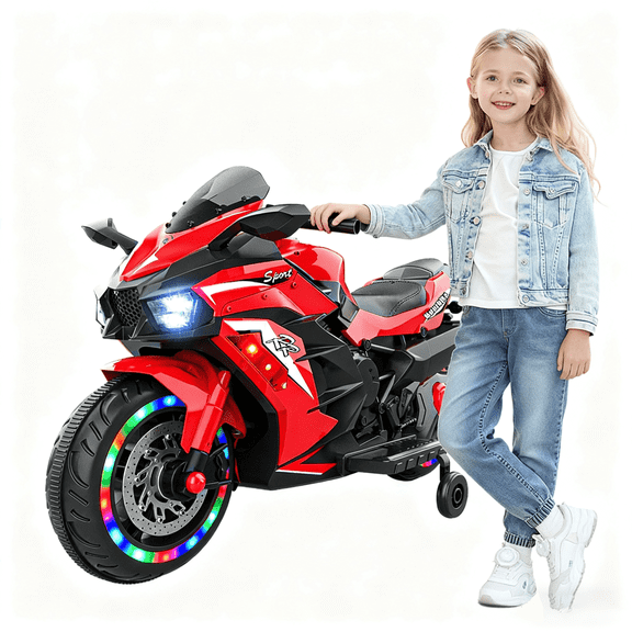 12V Ride On Motorcycle for Kids, Electric Kids Motorcycle with LED, Bluetooth, Music, Horn, 110 Lbs Load