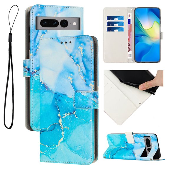Nalacover for Google Pixel 8 Pro Marble Pattern Wallet Case with Credit Card Slots Holder Kickstand Cover, Soft Silicone Shokcproof Anti-Fall Premium PU Leather Magnetic Clasp Flip Case, Blue