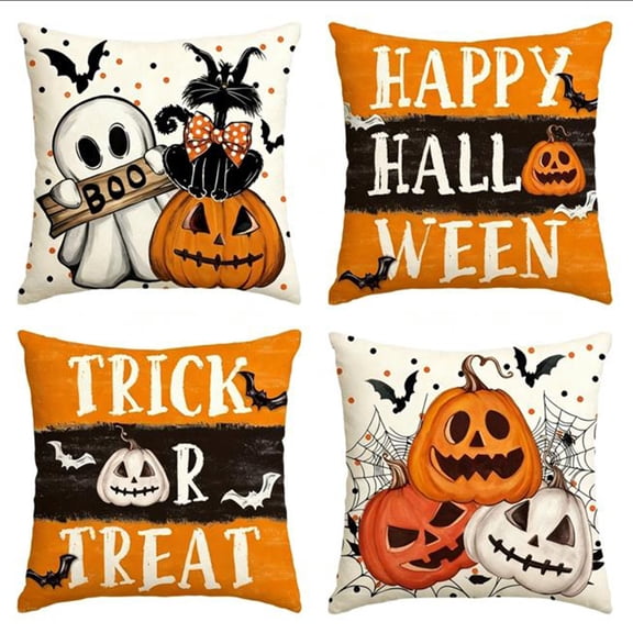 Lzobxe 4 Pack Halloween Pillowcases, Decorative Outdoor Cushion Cover, 45x45cm Ghost Pumpkin Throw Pillow Cover for Sofa Couch Home Party Decor