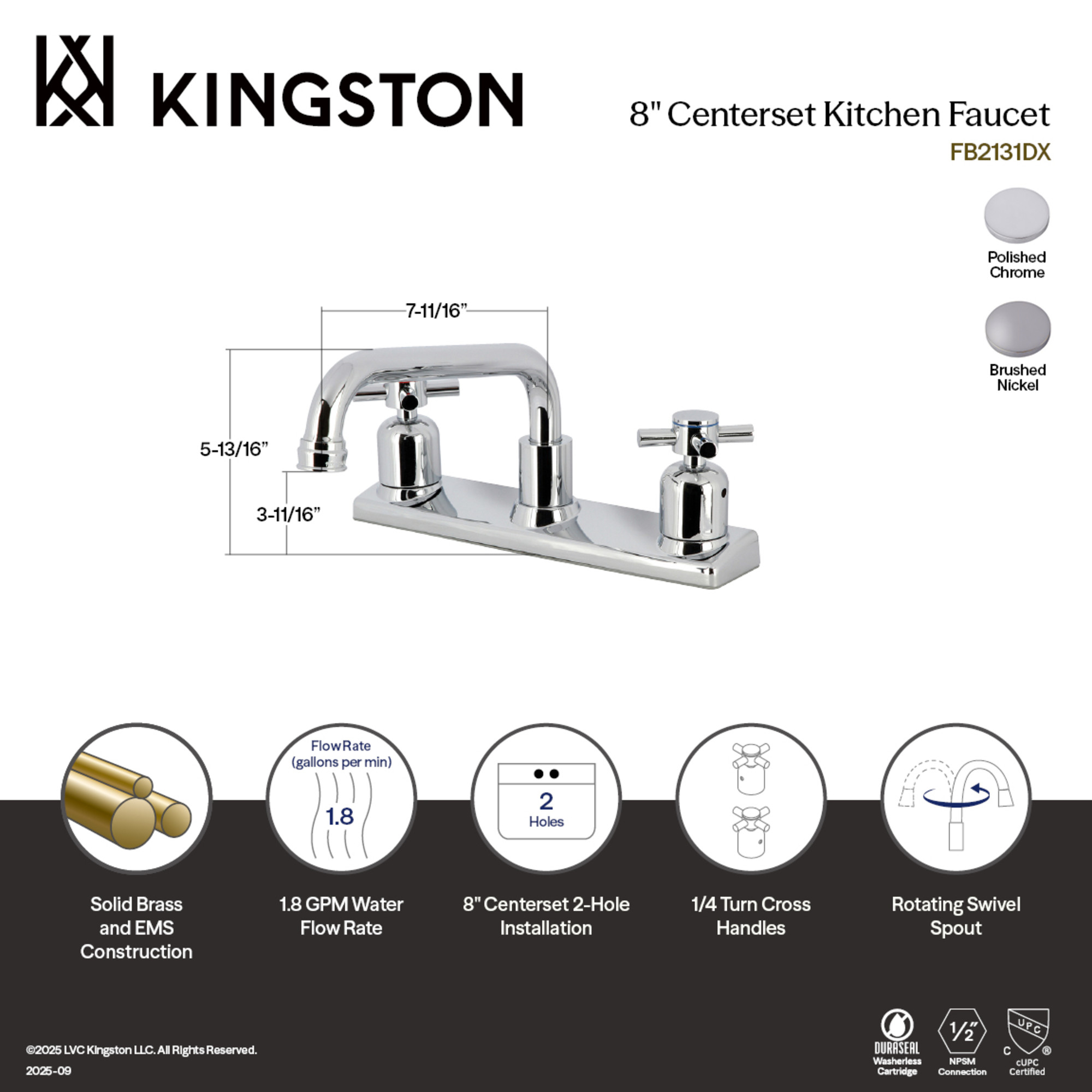 Kingston FB2131DX Concord Two-Handle 2-Hole 8" Centerset Kitchen Faucet in Polished Chrome