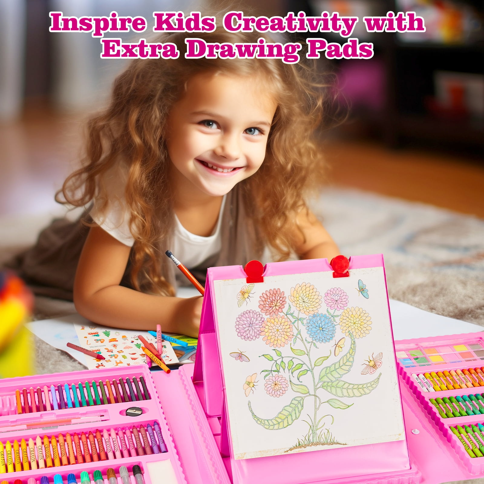 KINSPORY 290 Pack Drawing Coloring Art Set with Double-Side Trifold Art Easel, Creative Supplies Gift for Artists Beginners Kids Boys Girls (Pink)