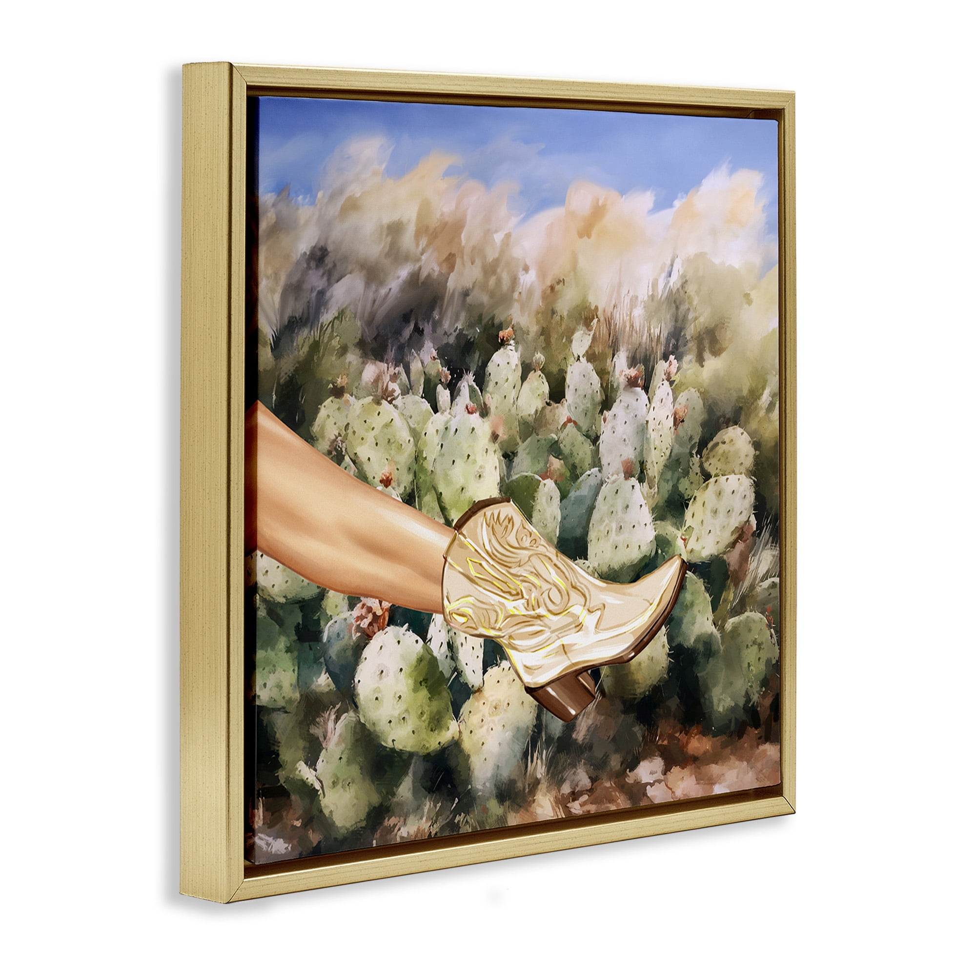 Stupell Industries Cowgirl Boot & Cactus Botanical & Floral Painting Gold Floater Framed Canvas Art Print Wall Art, 18 x 18
