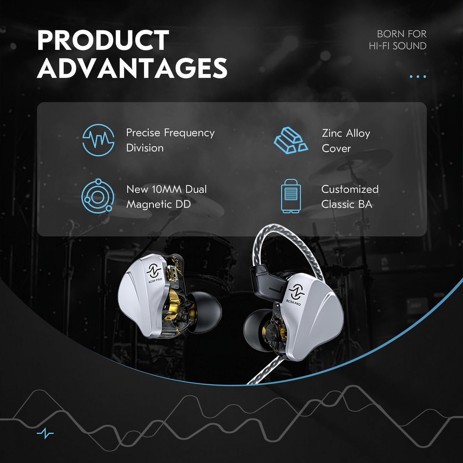 CCZ BC04 Pro in Ear Monitor Headphones,1DD+1BA Zinc Alloy Cover Hybrid Driver HIFI IEM Earphone Wired Earbuds Bass with Detachable Cable for Gaming Singers Musicians(Black,with mic)