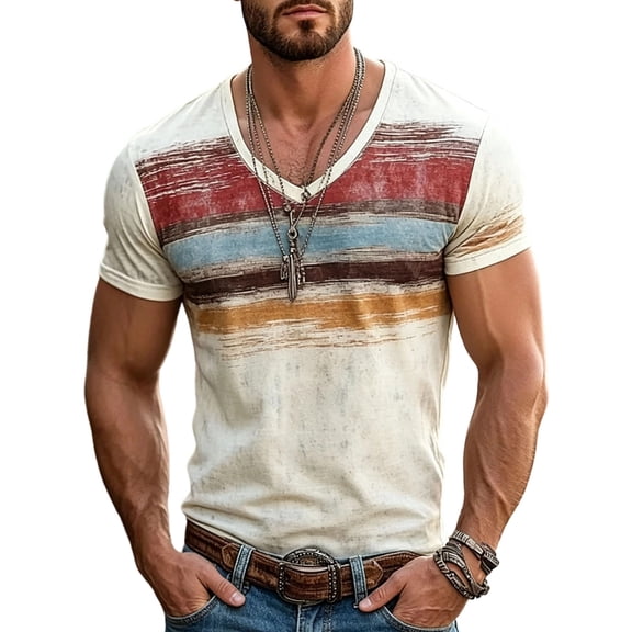YAYUBA Men's Retro Color Block Striped V-Neck Short Sleeve T-Shirt, Slim Fit Vintage Casual Summer Tee Top Size S, Beige