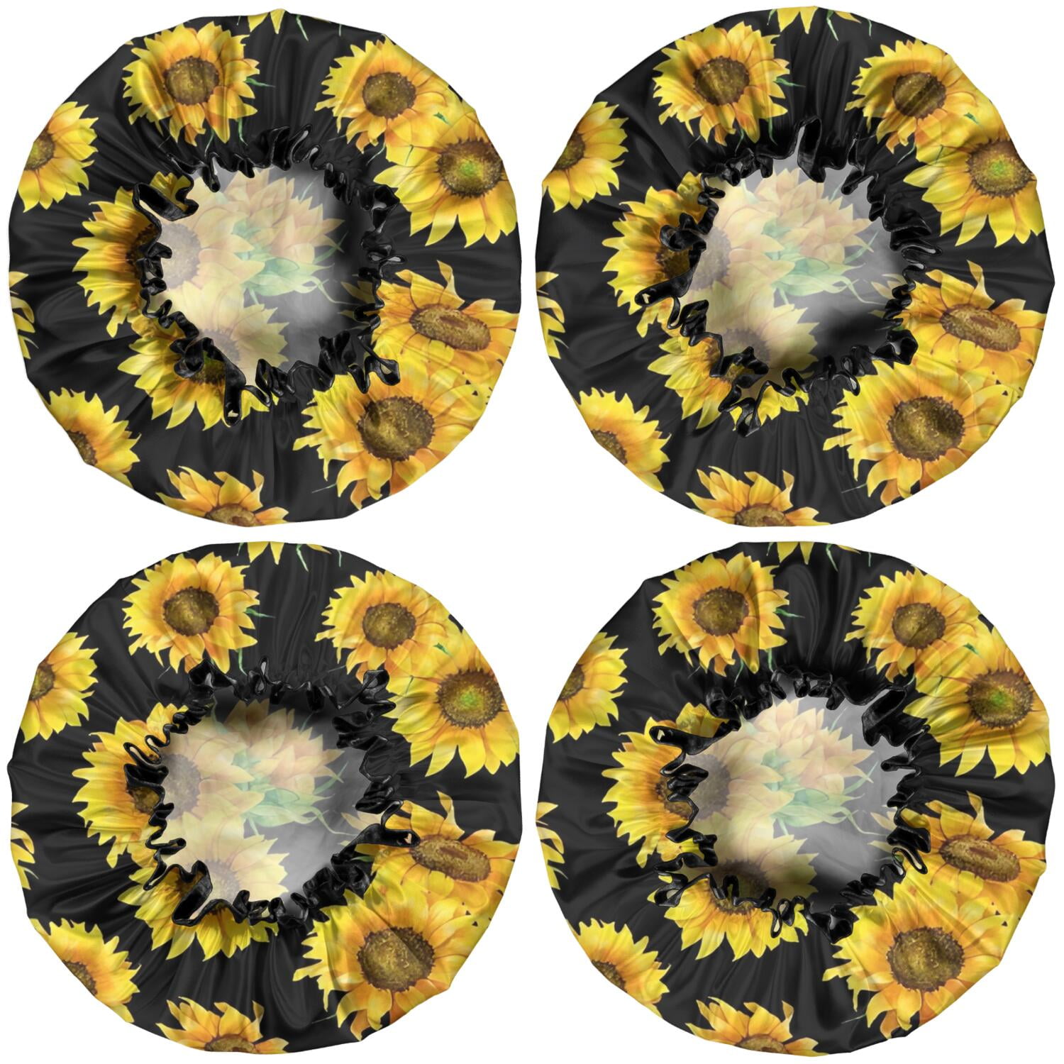 Shower Caps,Black Sunflower Green Leaf Pattern Waterproof Shower Cap for Women 4 Pieces,Double Reusable Hair Cover for Shower PEVA Elastic Stretch Hem