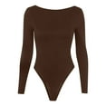 thumbnail image 4 of Womens Long Sleeve Rib Knit Bodysuit Round Neck Solid Color Sexy Ribbed One Piece Romper Onesies Bodycon Tops (Medium, Coffee), 4 of 5
