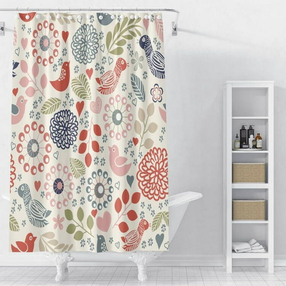 Watercolor Floral Shower Curtain,Colorful Flowers Fruits Birds Printed Bathtub Showers Waterproof Polyester Design Decorative Bathroom with 12 Hooks 72*72"