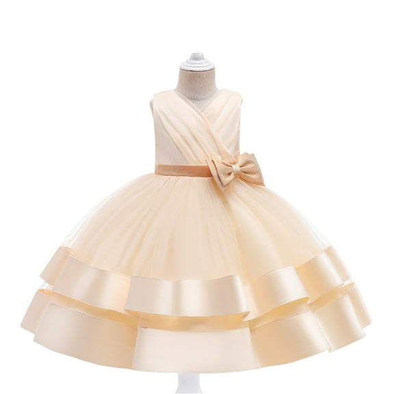 Girls Elegant Sleeveless Tulle Flower Girl Dress with Bow Princess Birthday Party Wedding Formal Gown for Kids Children