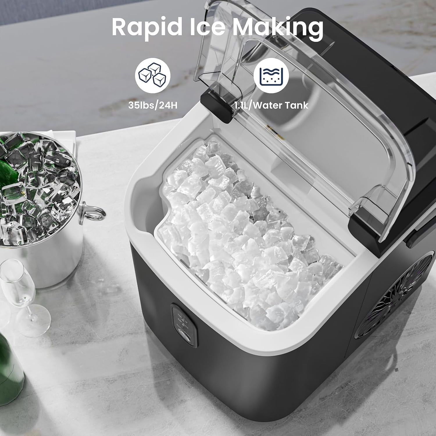 FREE VILLAGE Nugget Ice Makers Countertop,Portable Ice Maker Machine with Self-Cleaning,35lbs/24H,Crushed Ice Machine with Handle & Scoop for Home,Kitchen,Office and Camping - Black