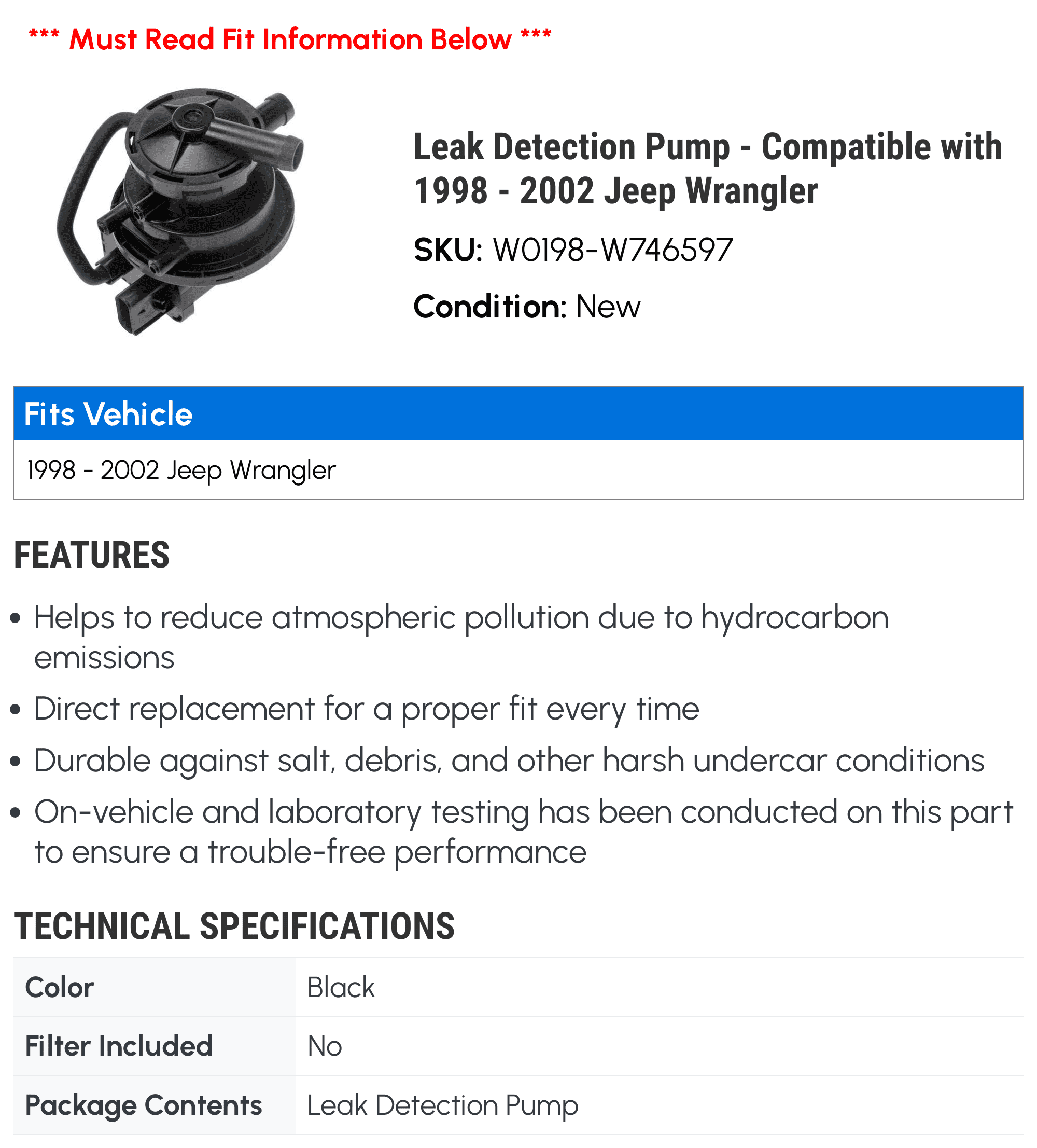Leak Detection Pump - Compatible with 1998 - 2002 Jeep Wrangler 1999 2000  2001 
